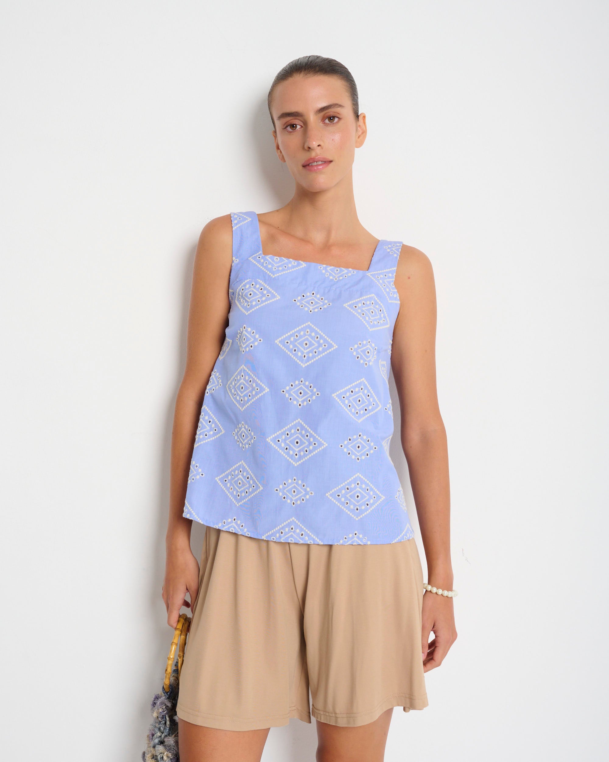 Mimi Top Light Blue & White Stitching - Layou Design by Shay Sobol