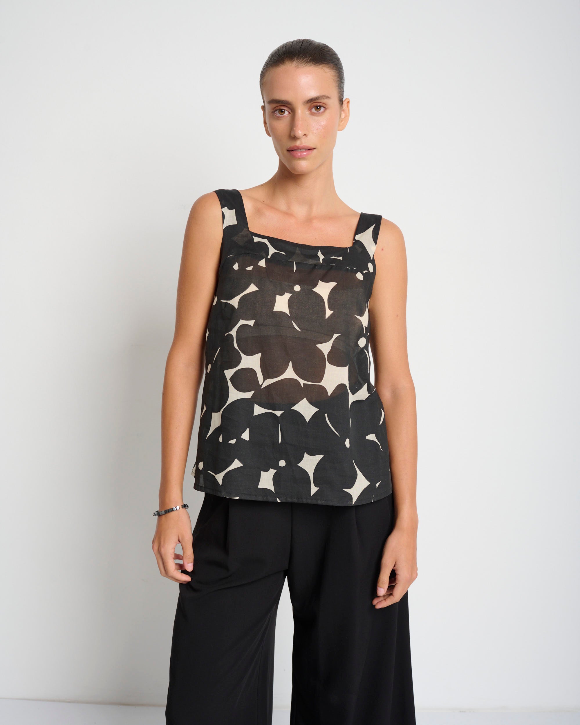 Mimi Top Black & Cream Print - Layou Design by Shay Sobol