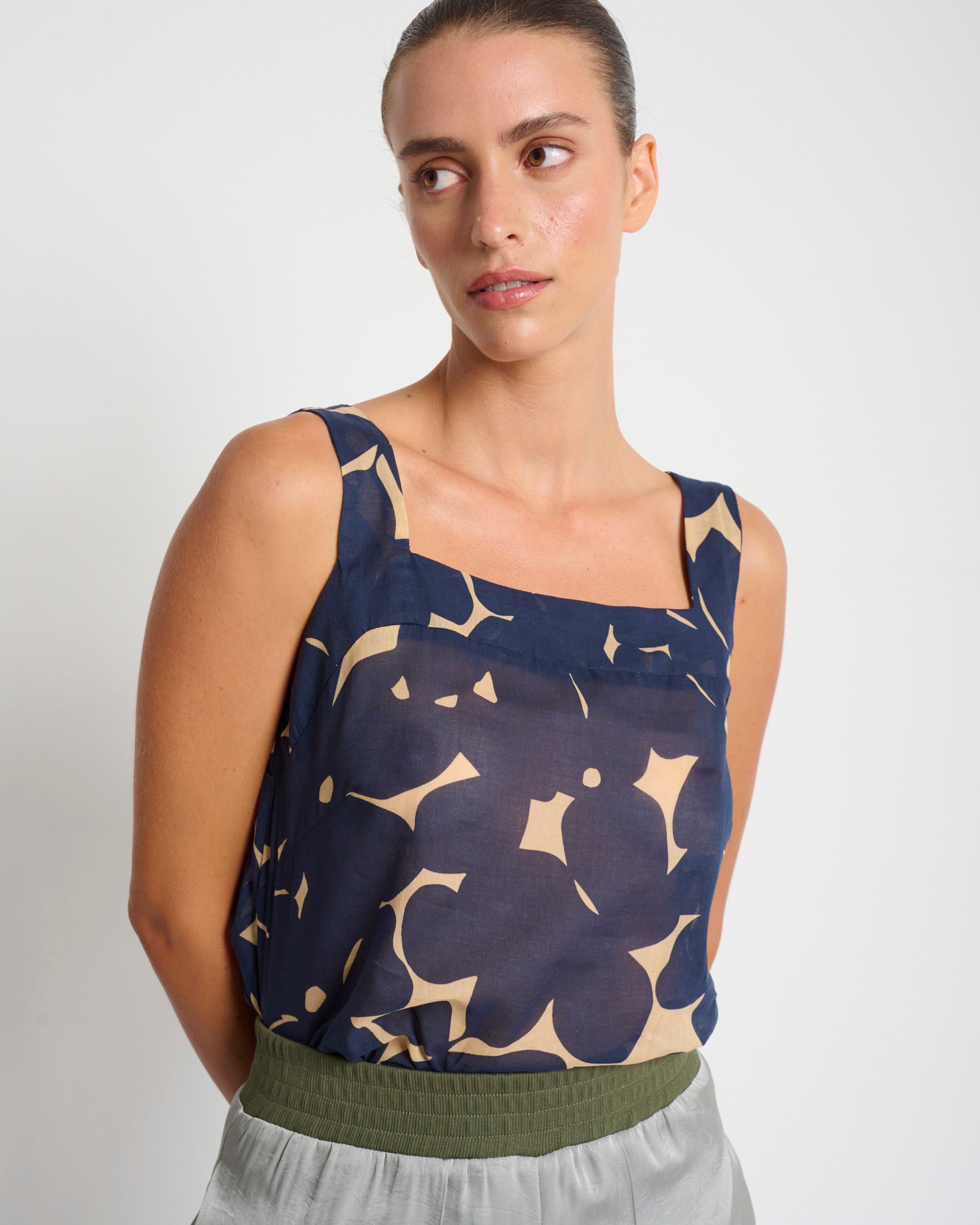 Mimi Top Blue & Beige Print - Layou Design by Shay Sobol